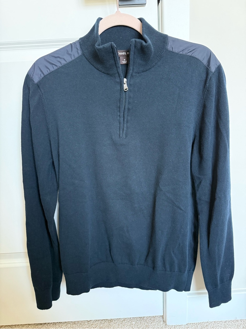 Michael Kors Sweater Mens Medium Black Ribbed Knit Trim Quarter Zip Mock Neck
